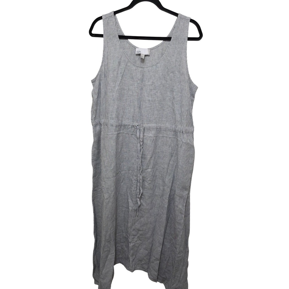 Nostrom Blue & White Striped Midi Tank Dress Drawstring Waist Linen Blend Size M